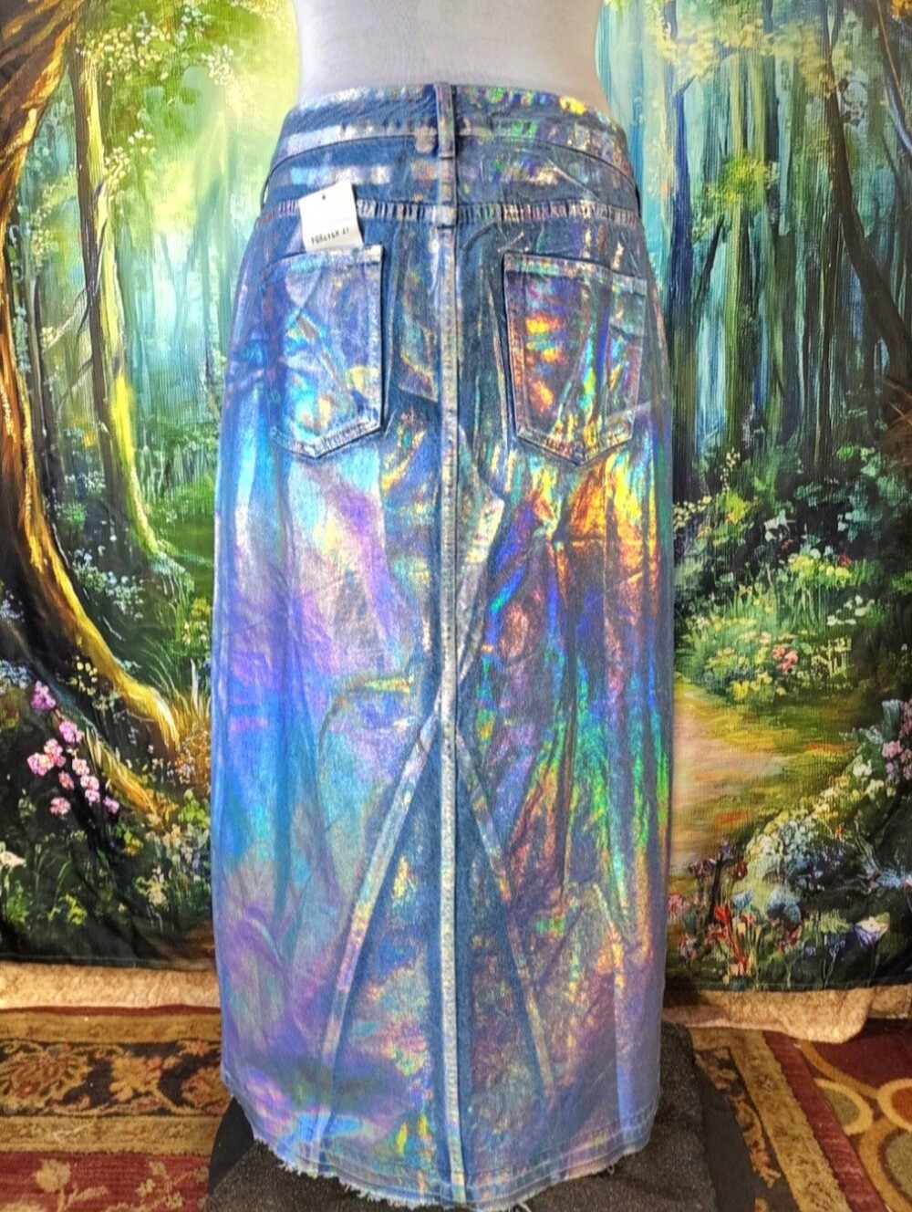 🔥💎 Forever 21 Festival Iridescent Metallic Burning Man Denim Skirt NWT 1X